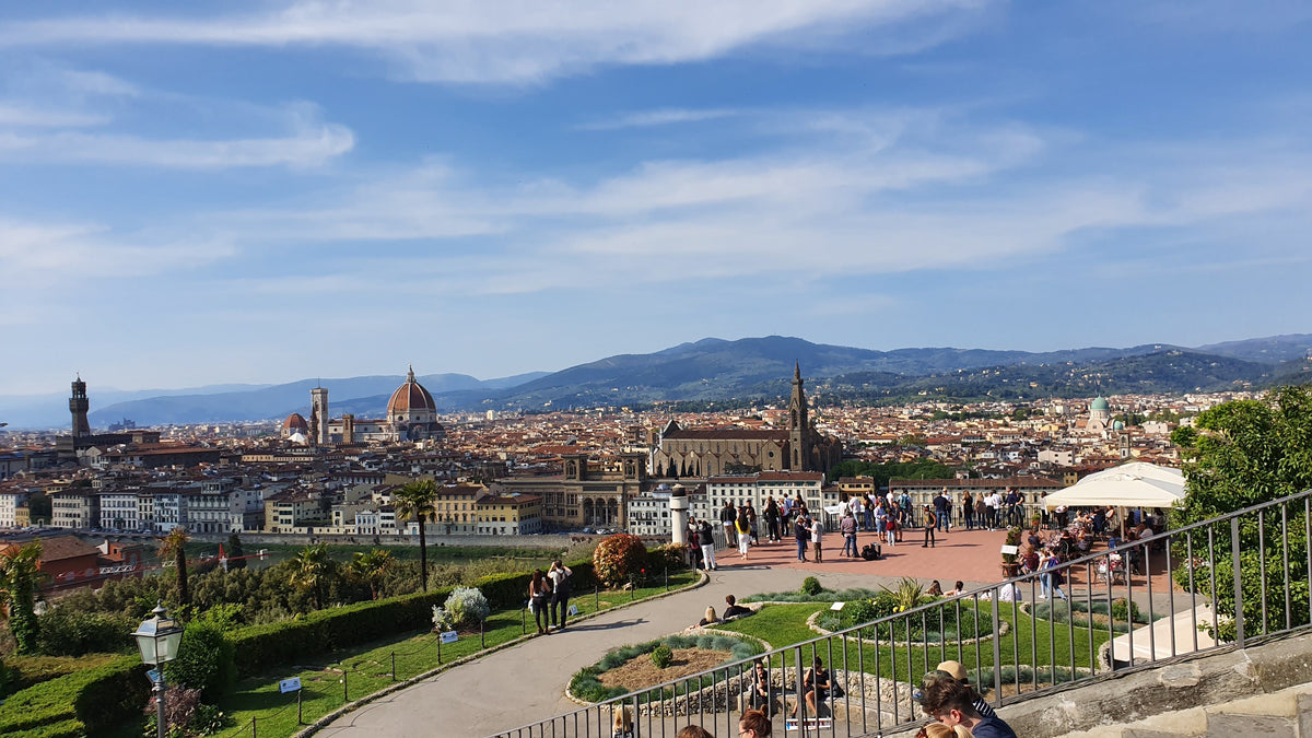 Florence skyline and cathedral dome seen from Piazzale Michelangelo in April 2019