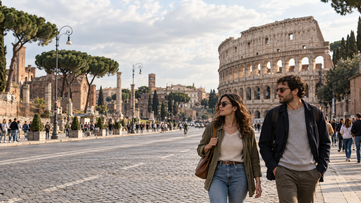 Travellers walk along Via dei Fori Imperiali with the Colosseum in the background