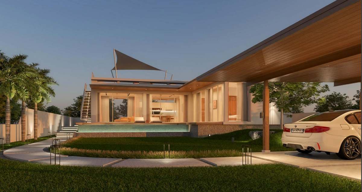 Two-bedroom pool villa in Ao Nang: rendering of the garden and pool at dusk