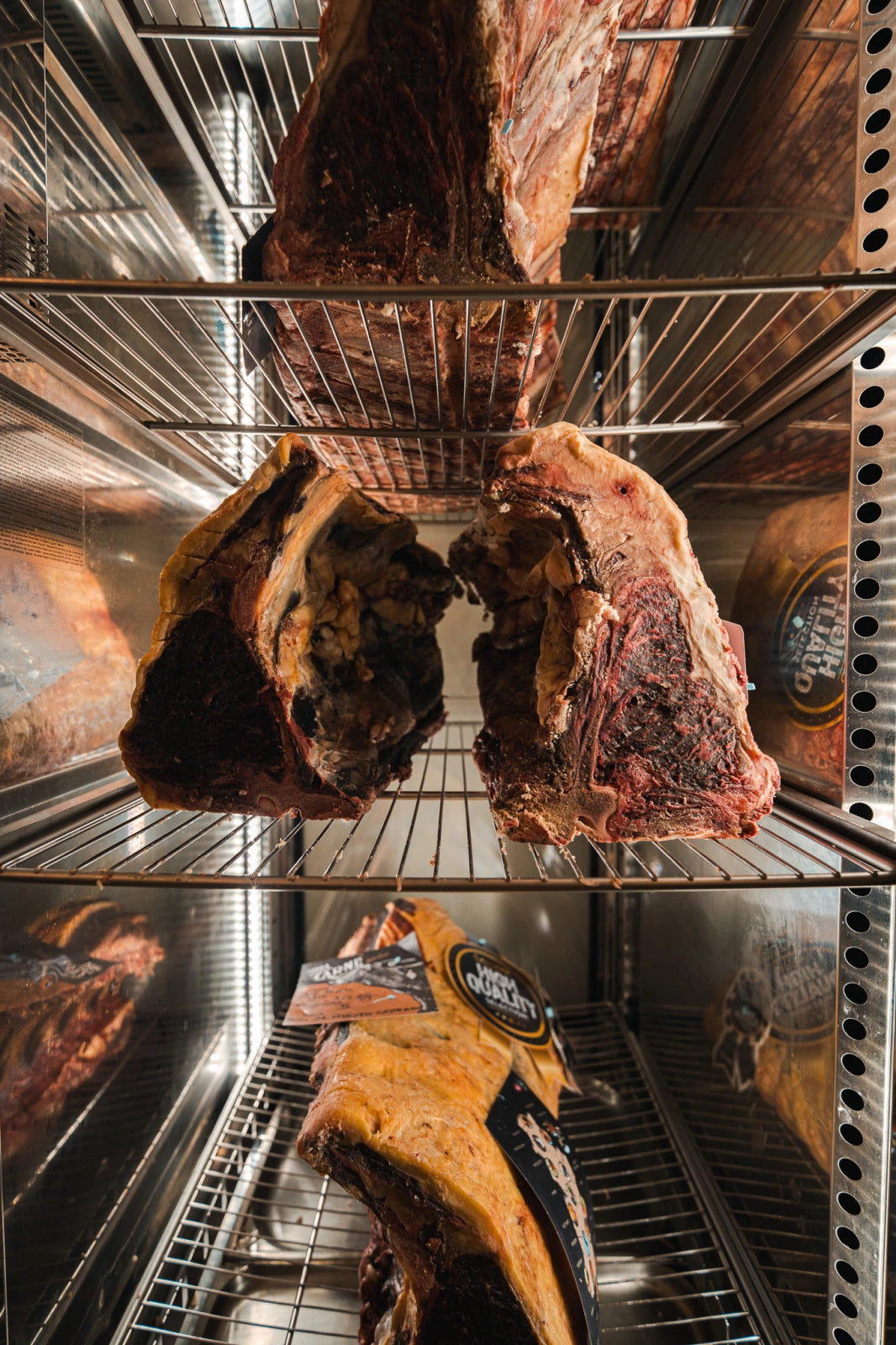 Beef dry-ageing in the cabinet at Latteria San Fedele