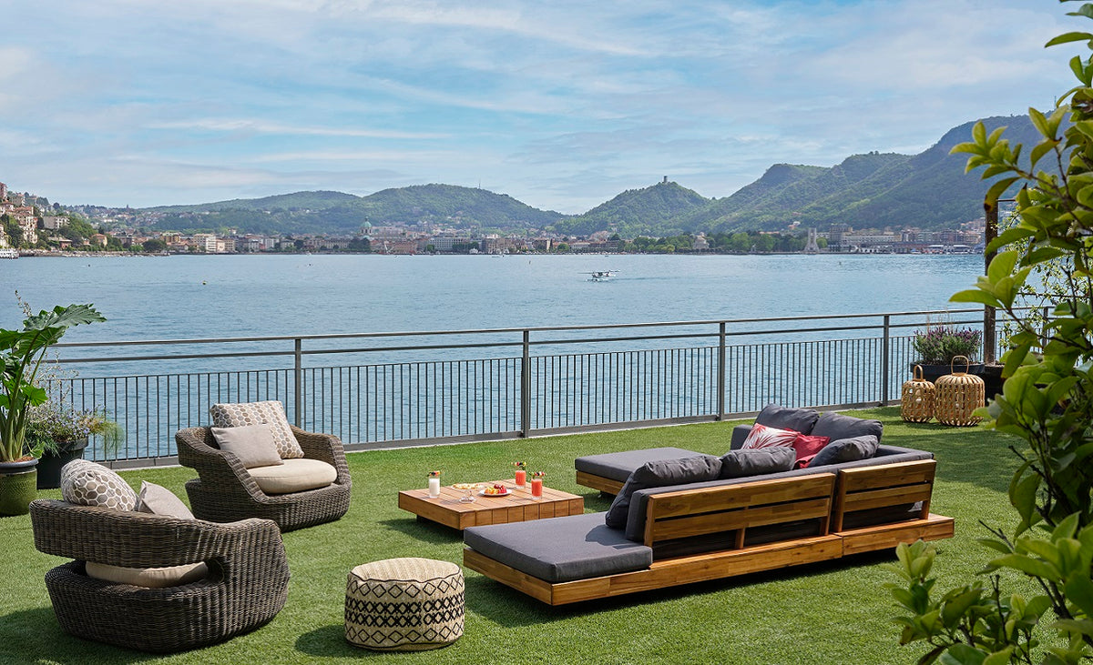 Outdoor lounge on the Gran Lago Suite terrace at Hotel Villa Flori