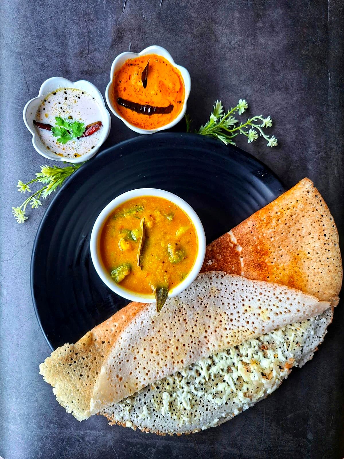 Paneer dosa with curry and chutneys at Govinda's Restaurant