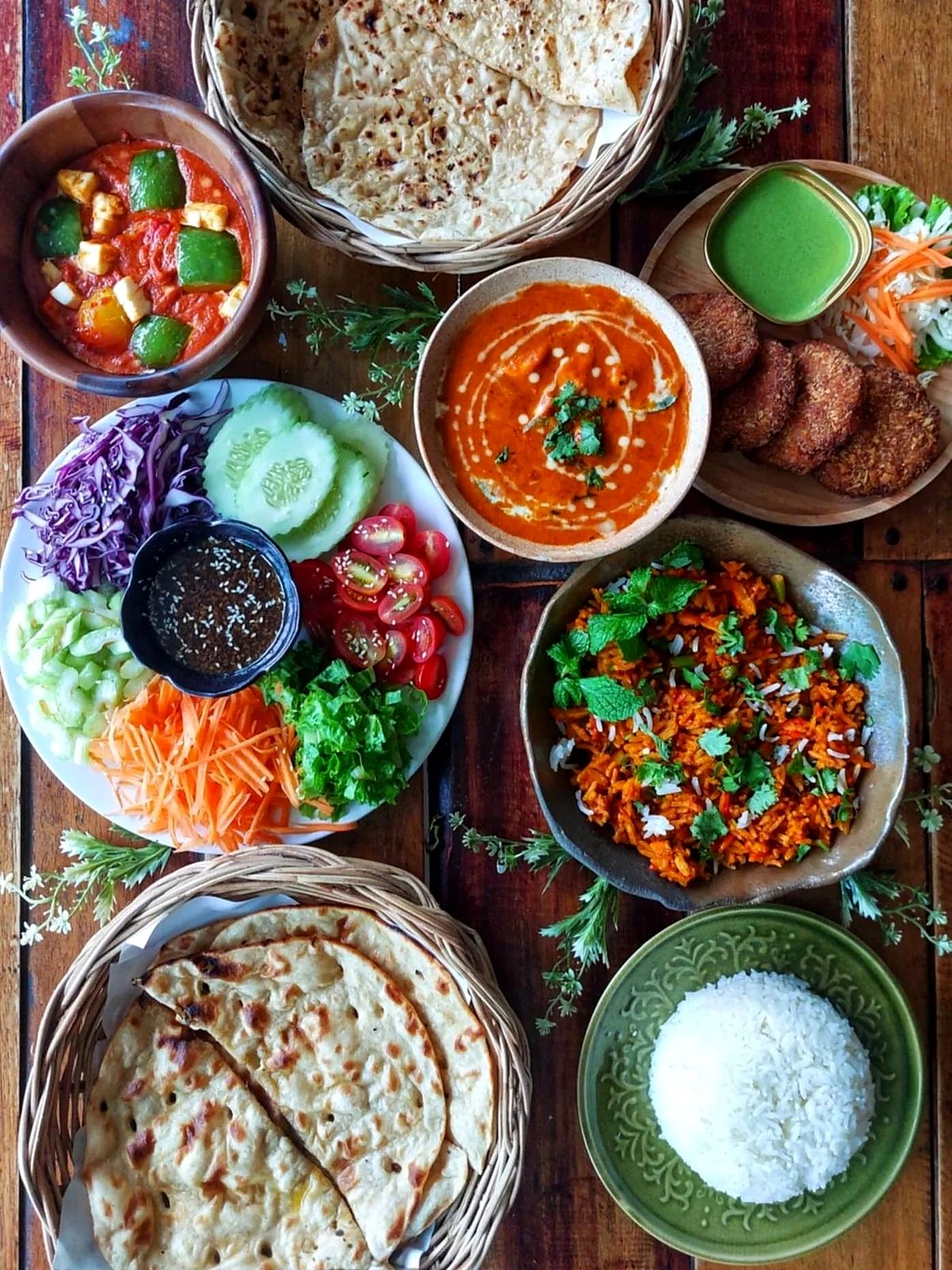 A spread of vegetarian Indian dishes at Govinda's Restaurant