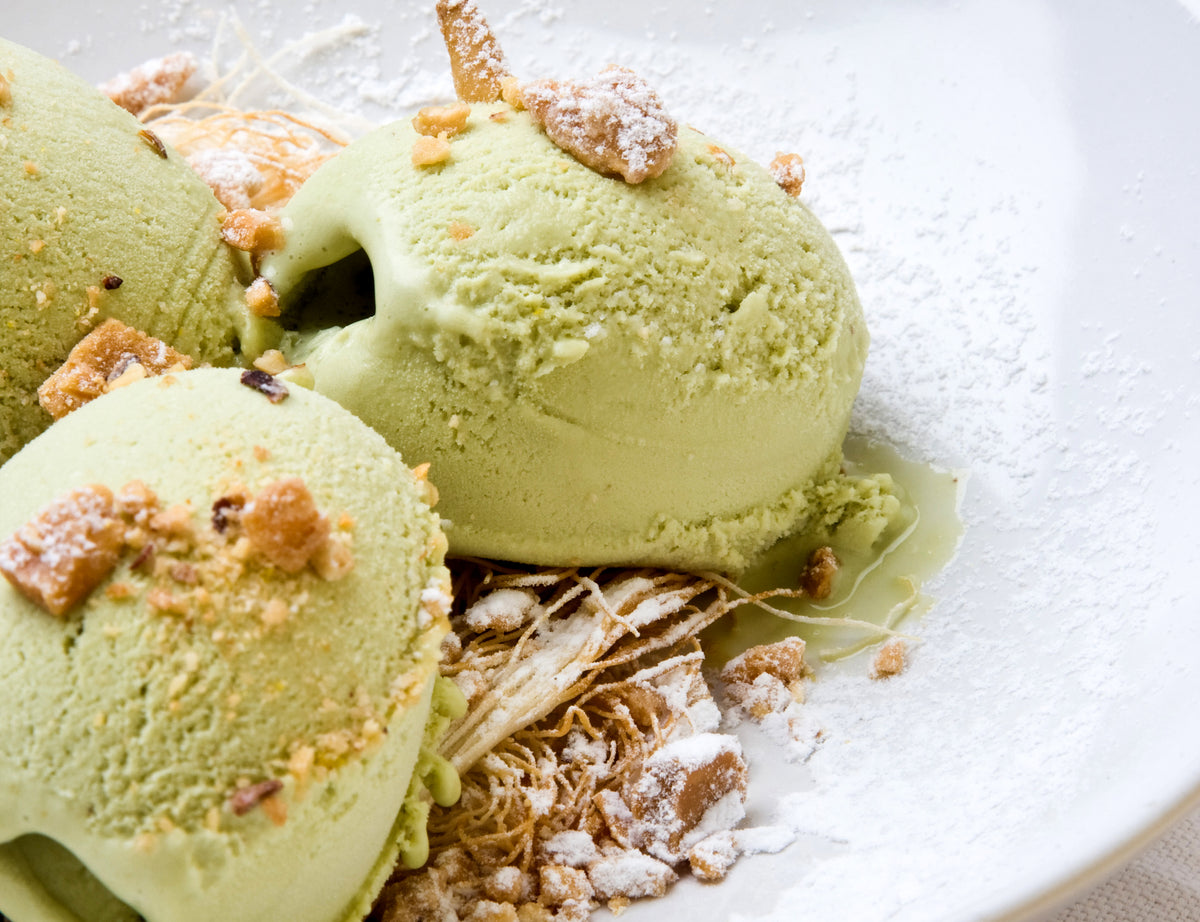 Pistachio gelato on a nest of filo pastry at Osteria Bartolini