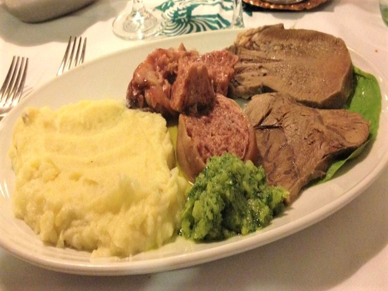 Boiled meats with mashed potatoes and green sauce at Dal Biassanot