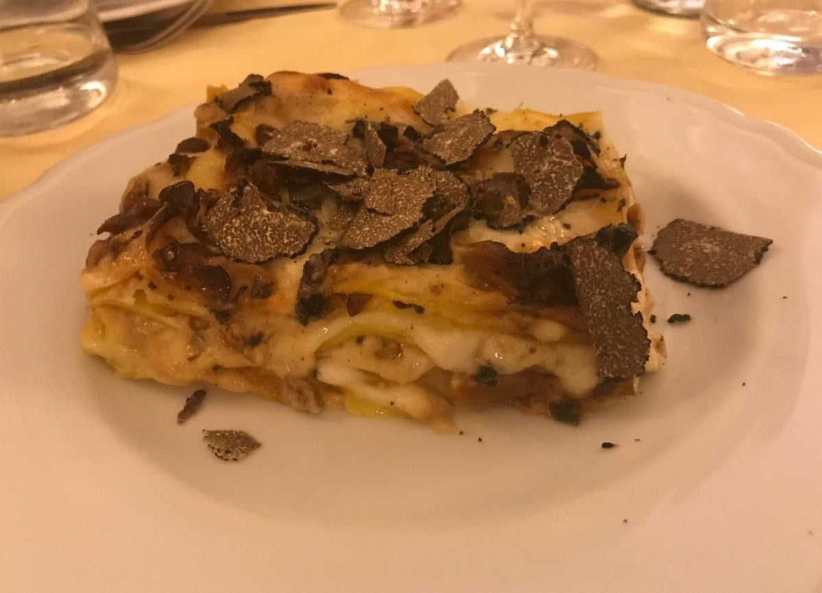 Lasagna with porcini topped with shaved truffle at Leonida