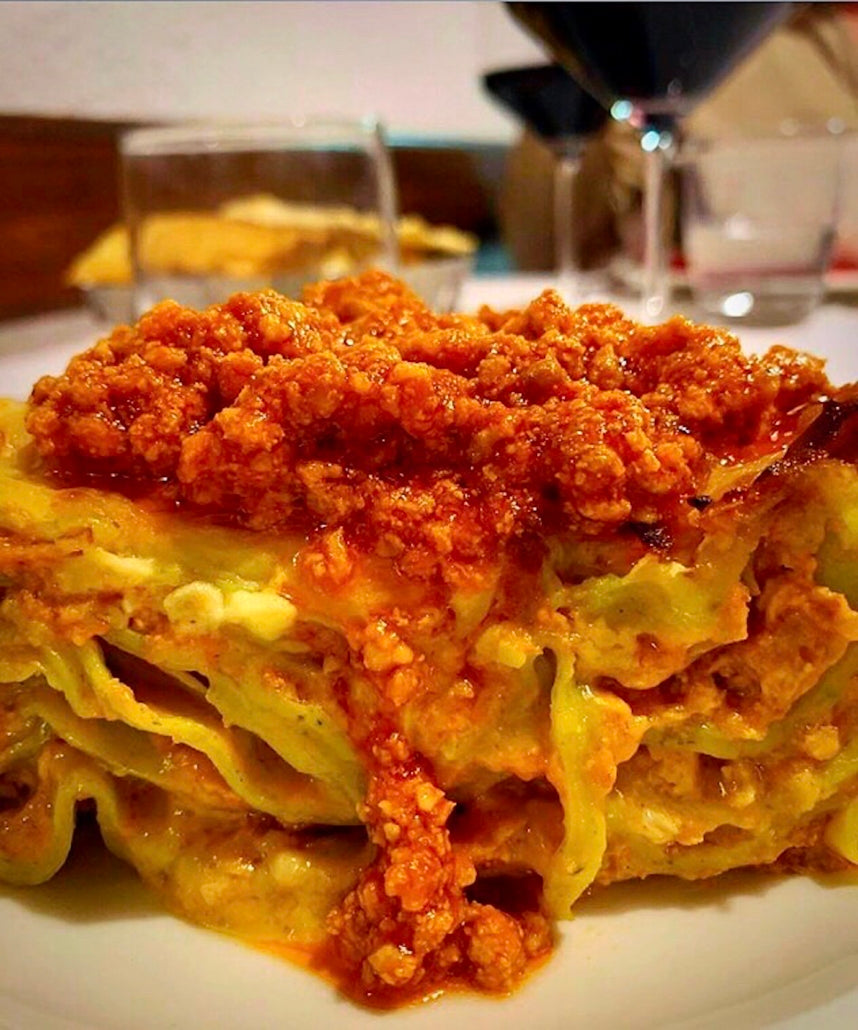 A slice of green lasagne with ragù at Nonna Gigia