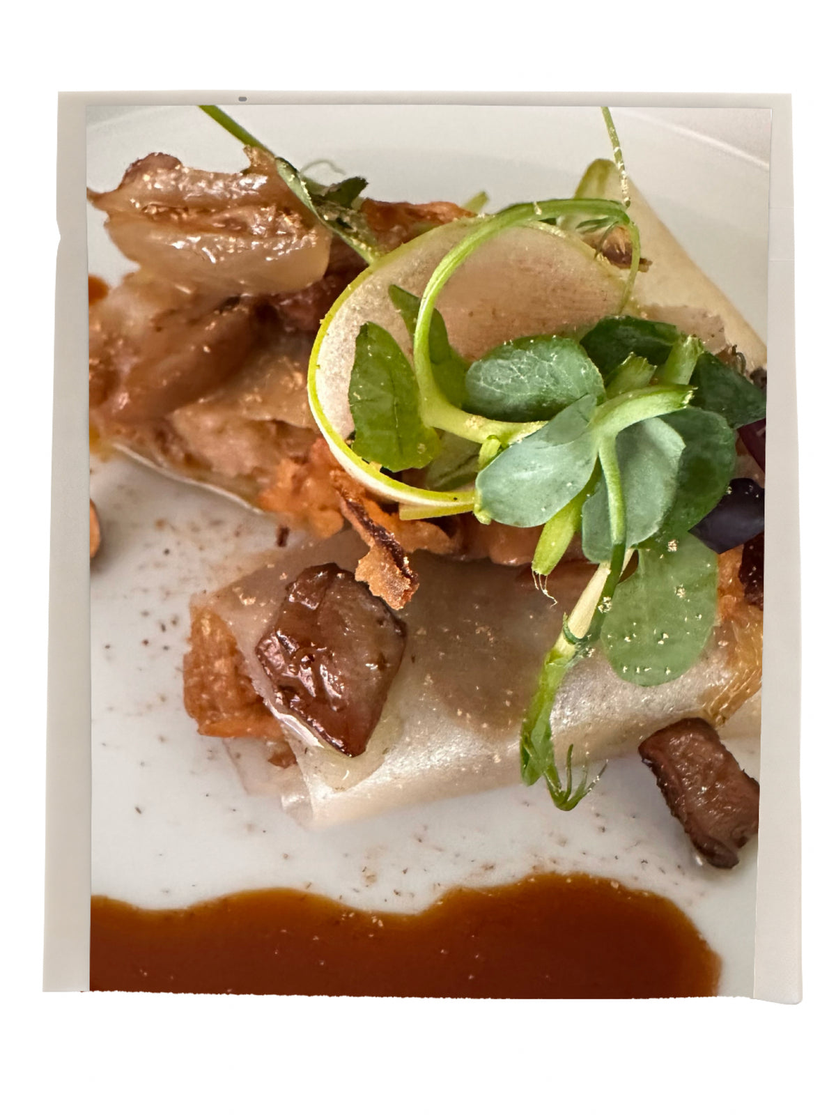 A plated dish topped with fresh pea shoots and a sauce at Oltre.