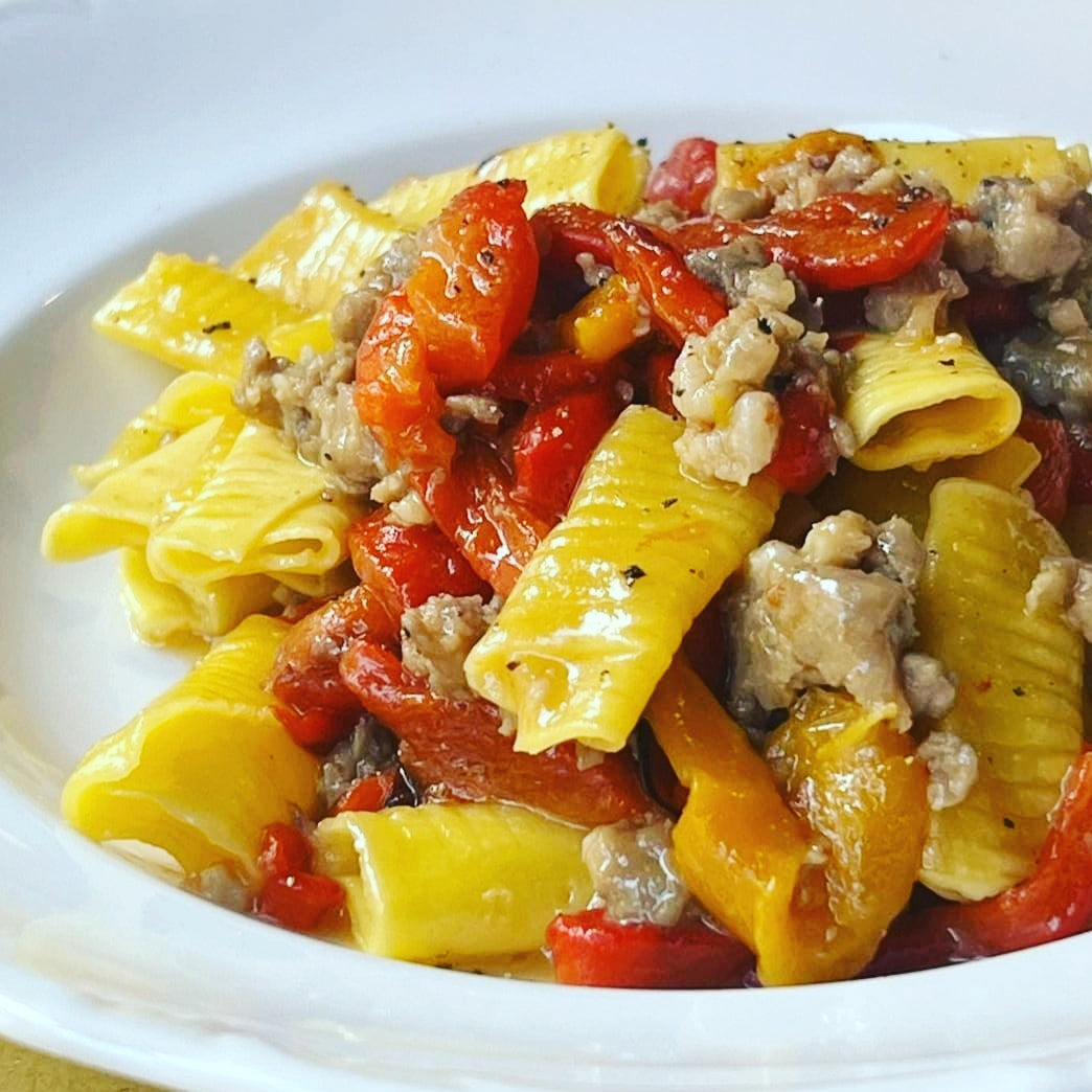 Short pasta with roasted peppers and crumbled meat at Osteria Bottega