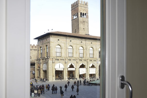 The Palazzo del Comune Room at Casa Isolani, overlooking Piazza Maggiore