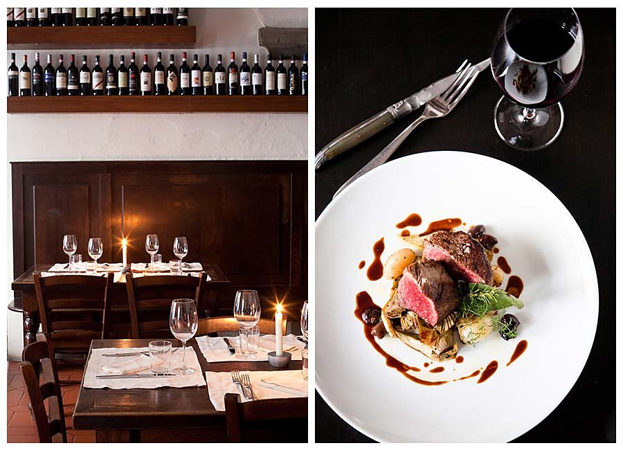 Candlelit dining room and a plated meat dish at Il Santo Bevitore