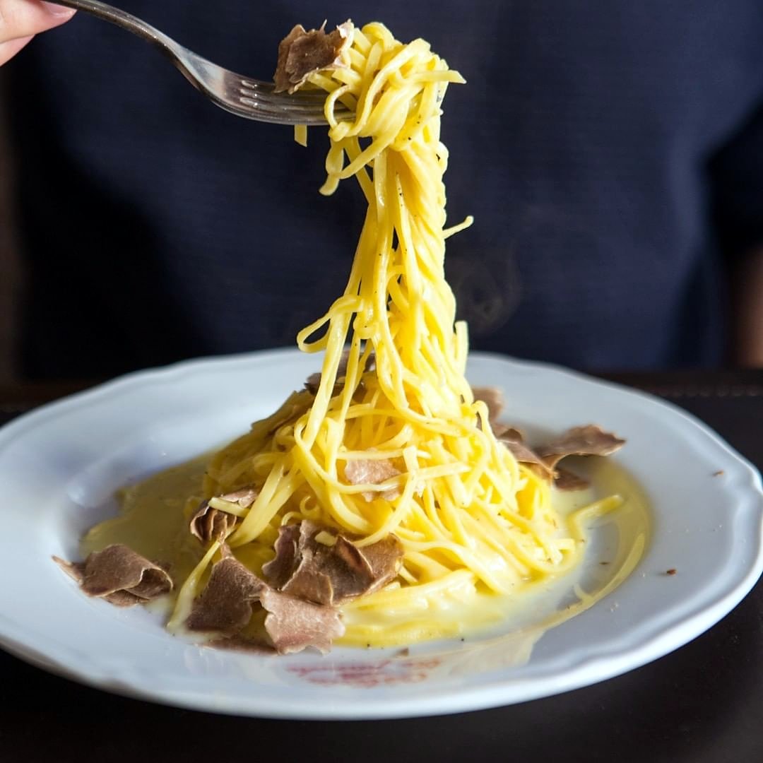 Tagliolini with shaved truffle at Osteria delle Tre Panche