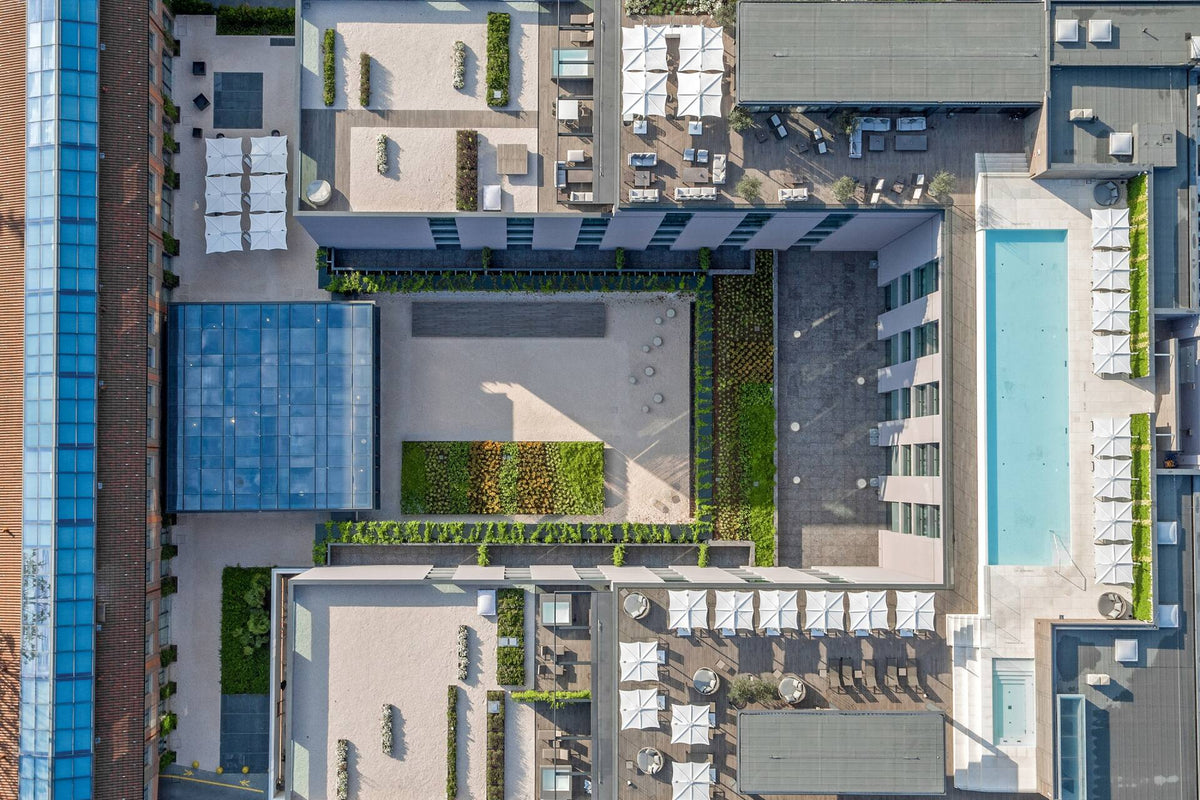 The rooftop and courtyard of Hilton Lake Como from above