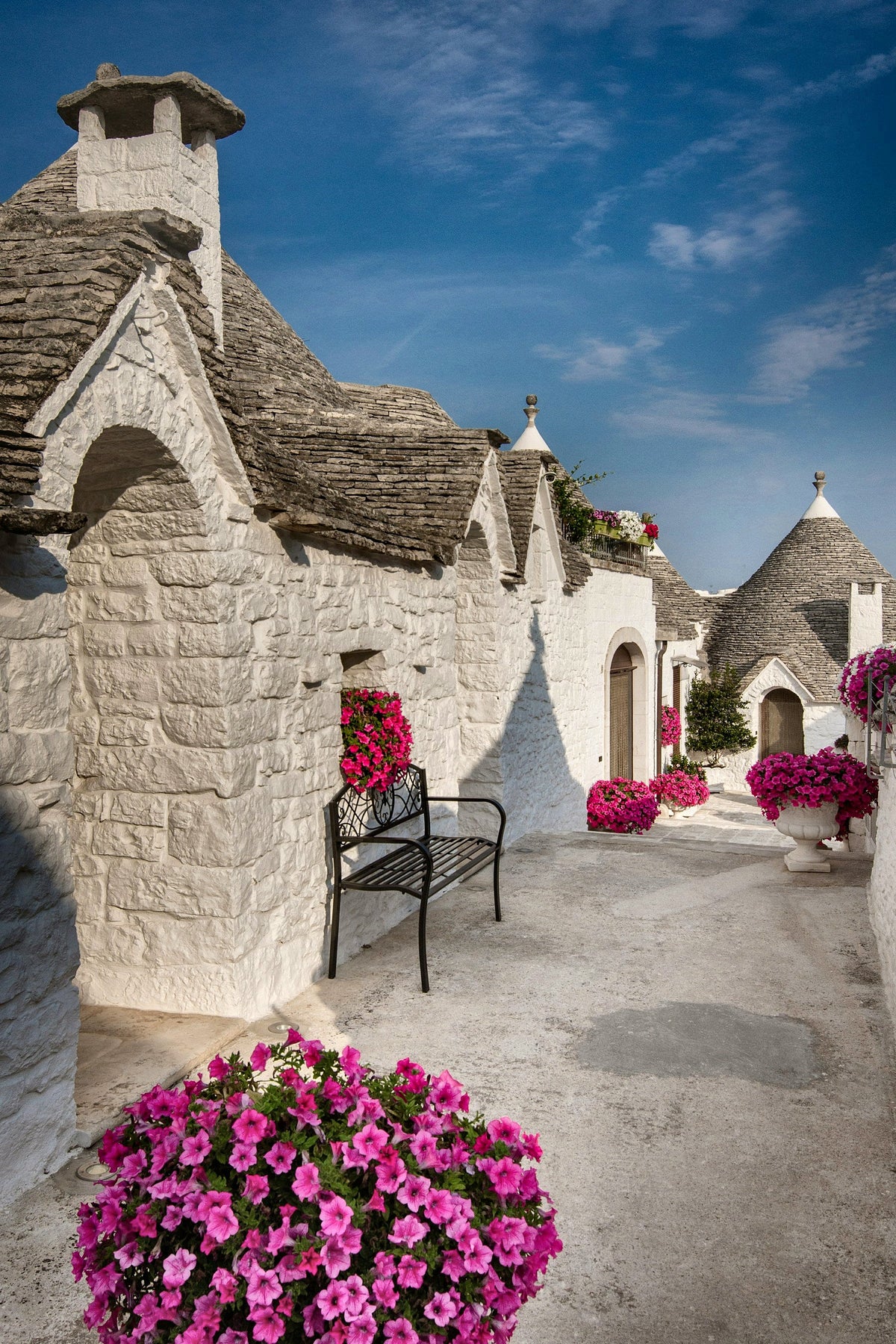 Bright petunias in front of a whitewashed trullo in Alberobello