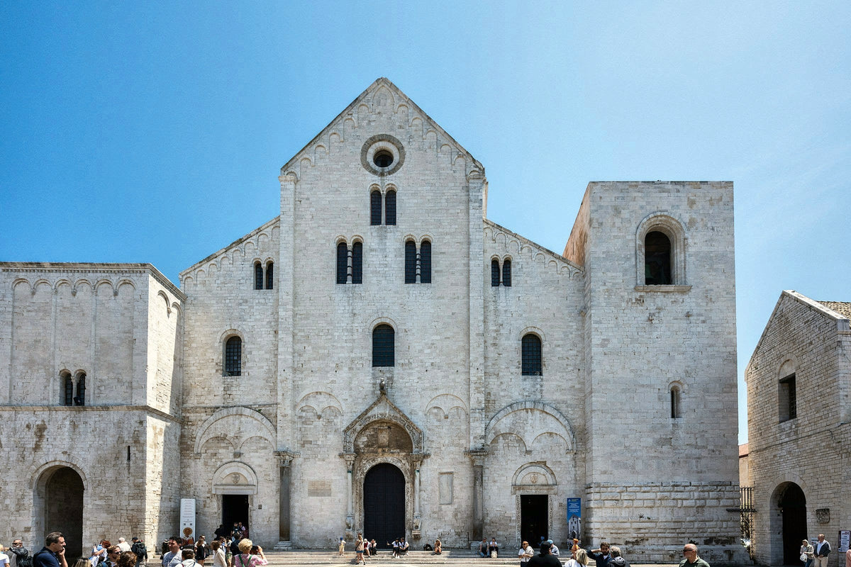 The white limestone facade of the Basilica of San Nicola in Bari Vecchia