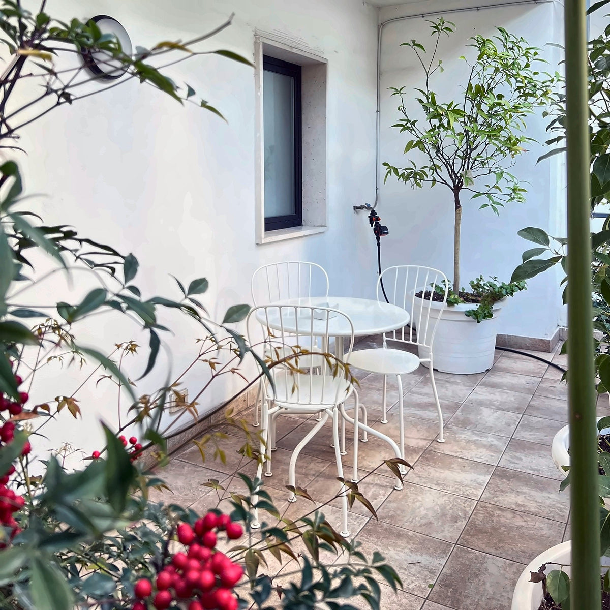 A private terrace with white bistro chairs and plants at Imago+
