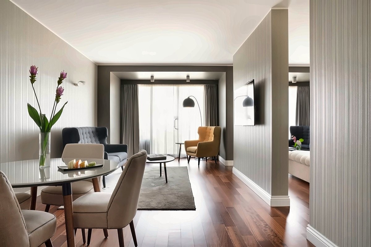 The living area of a deluxe suite at The Nicolaus Hotel