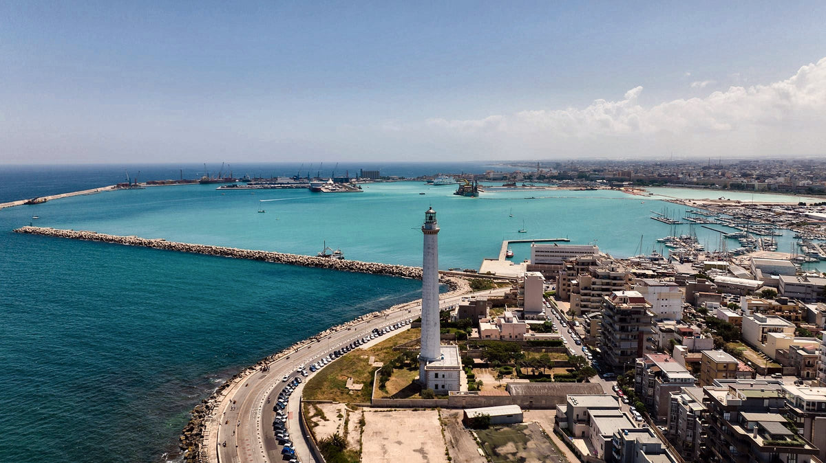 The San Cataldo lighthouse and breakwater on the turquoise Adriatic