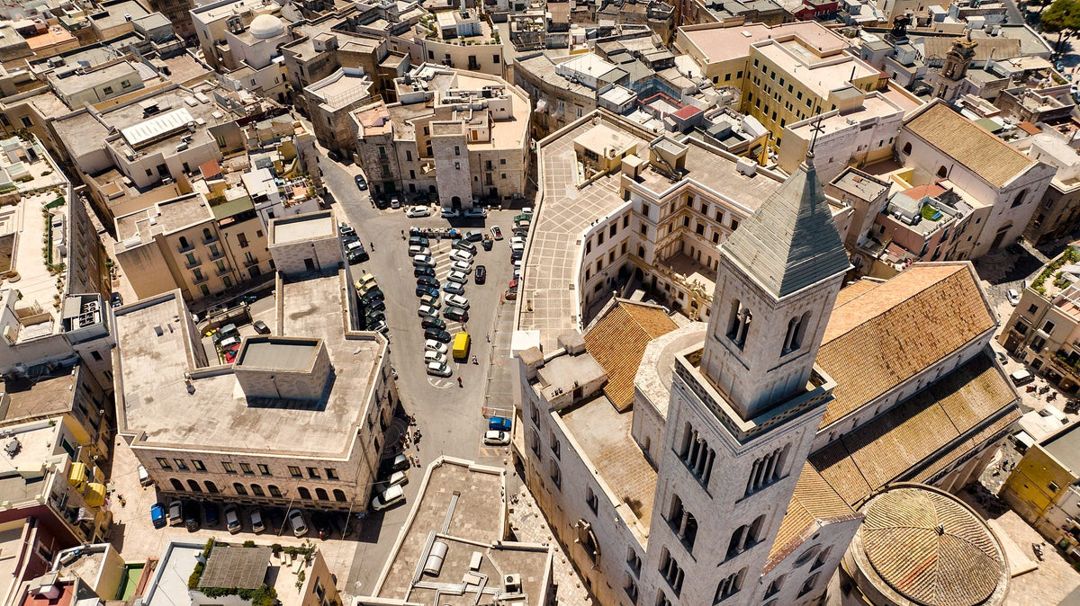 Rooftops of Bari Vecchia around the cathedral bell tower, seen from above
