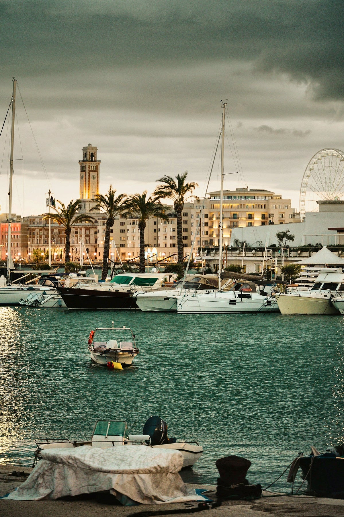 Dusk over the old port, with the Ferris wheel and the seafront beyond