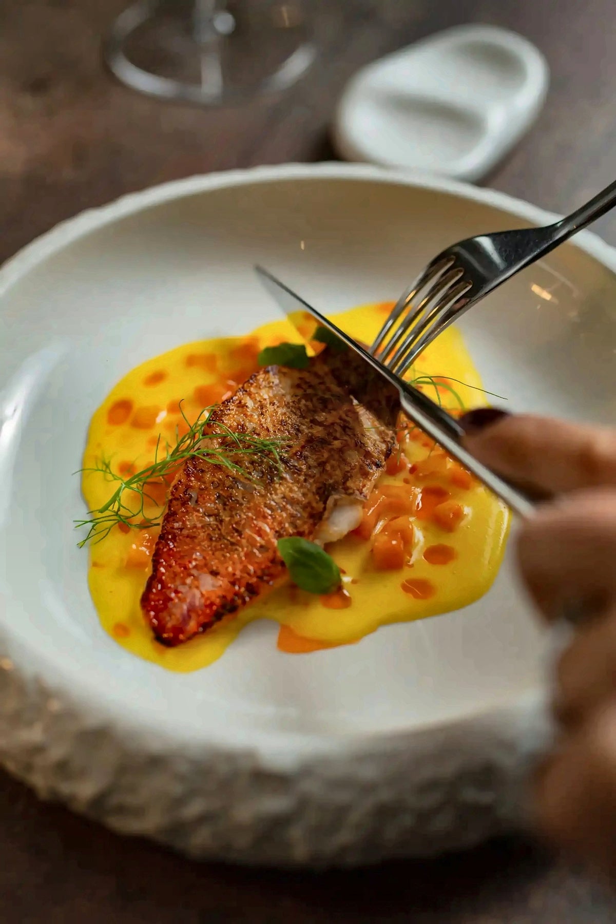 Red mullet fillet with a saffron-yellow sauce at Radicale