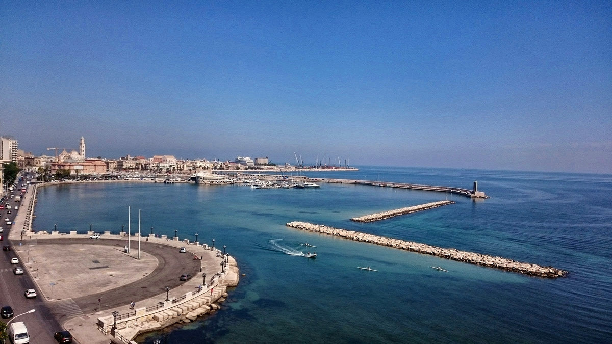 The seafront and breakwaters of Bari seen from above
