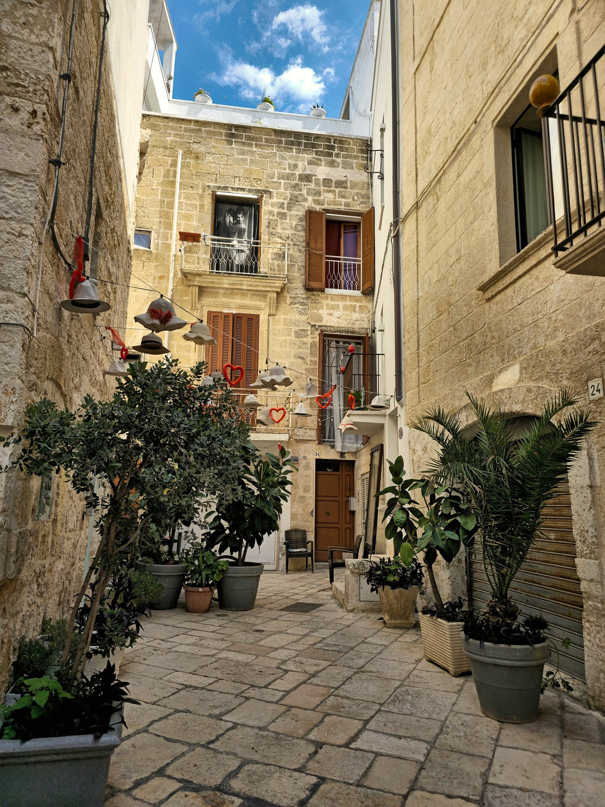A small courtyard of plants and pale stone in historic Bari