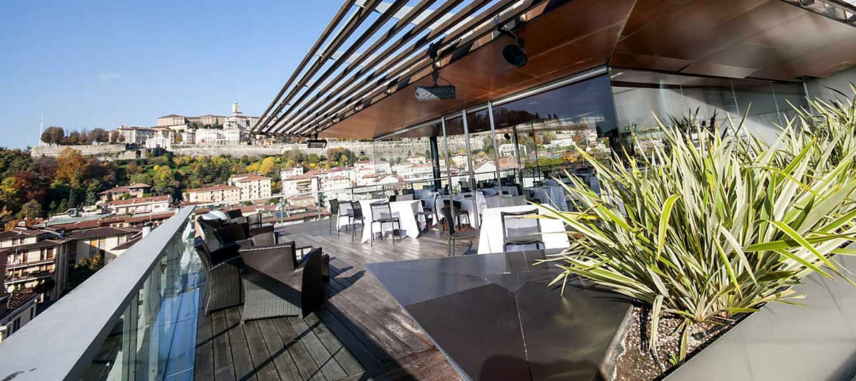 Roof Garden Restaurant terrace looking towards Città Alta