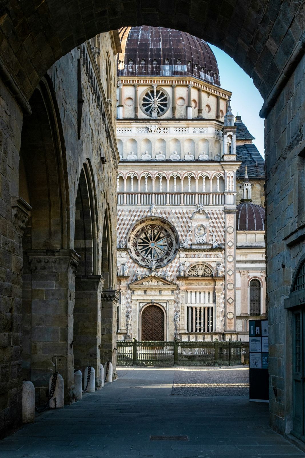 The Colleoni Chapel framed by an arcade