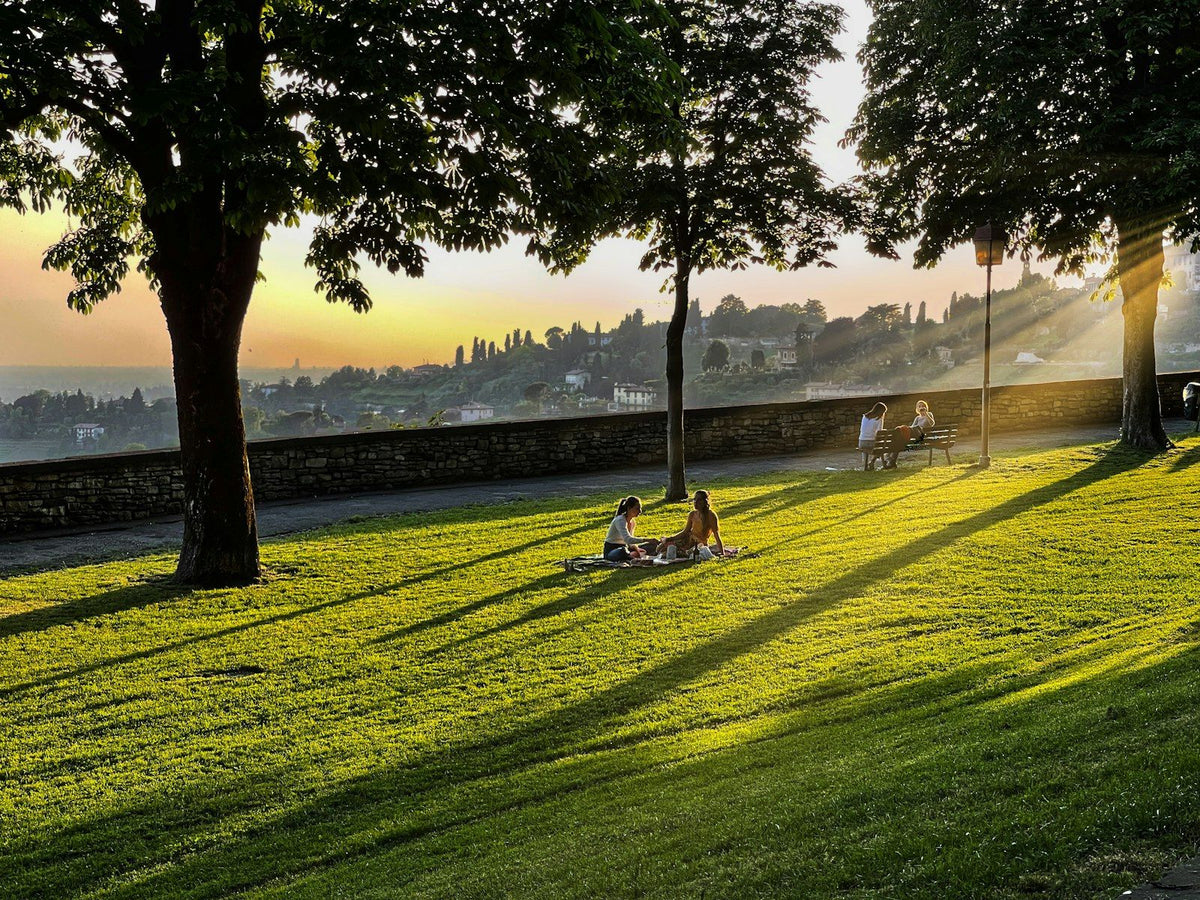 Late-afternoon light on the lawns of the Città Alta walls
