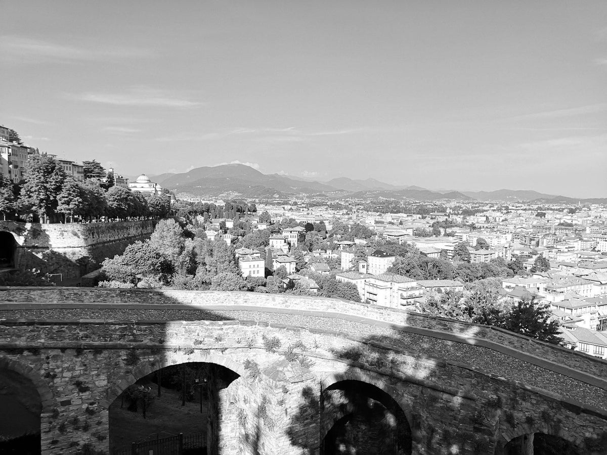 The bridge to Porta San Giacomo in black and white