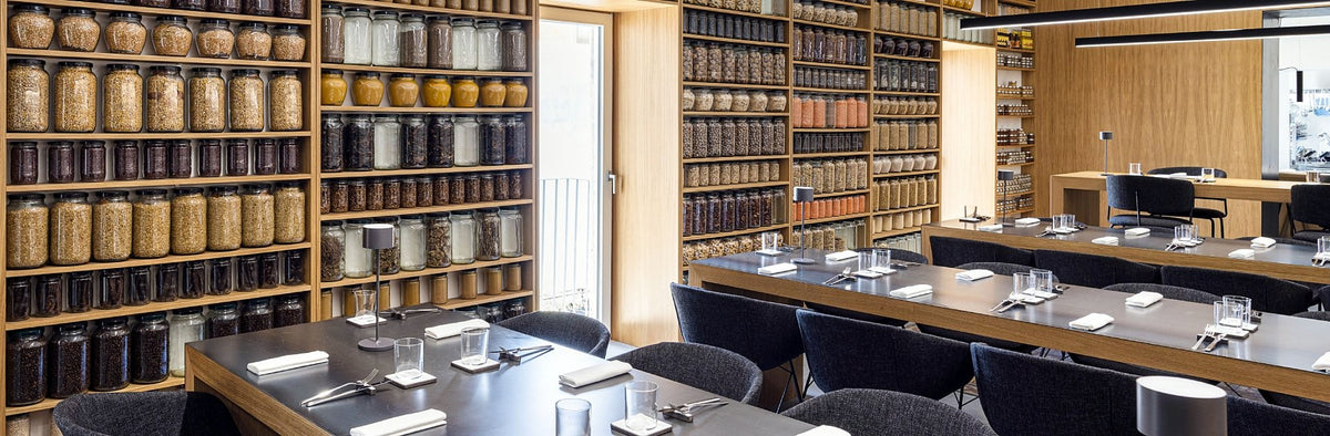 Dining room with pantry shelving at Materia | Spazio Cucina