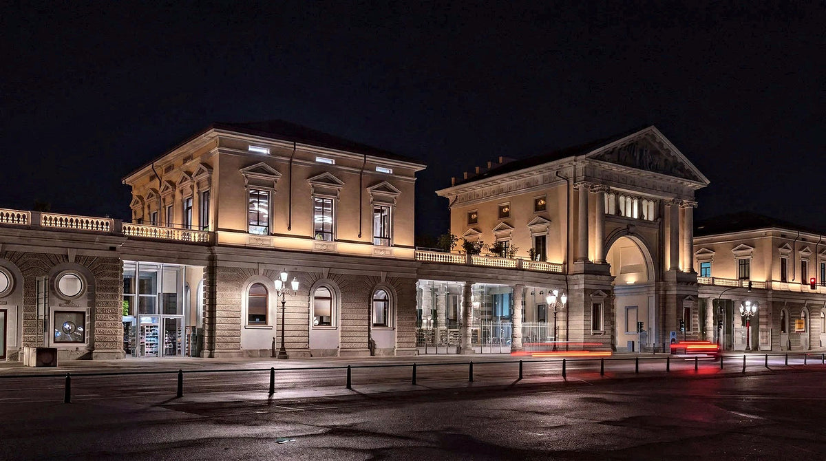 Former stables on Prato della Valle that house Exforo, lit at night, Padua