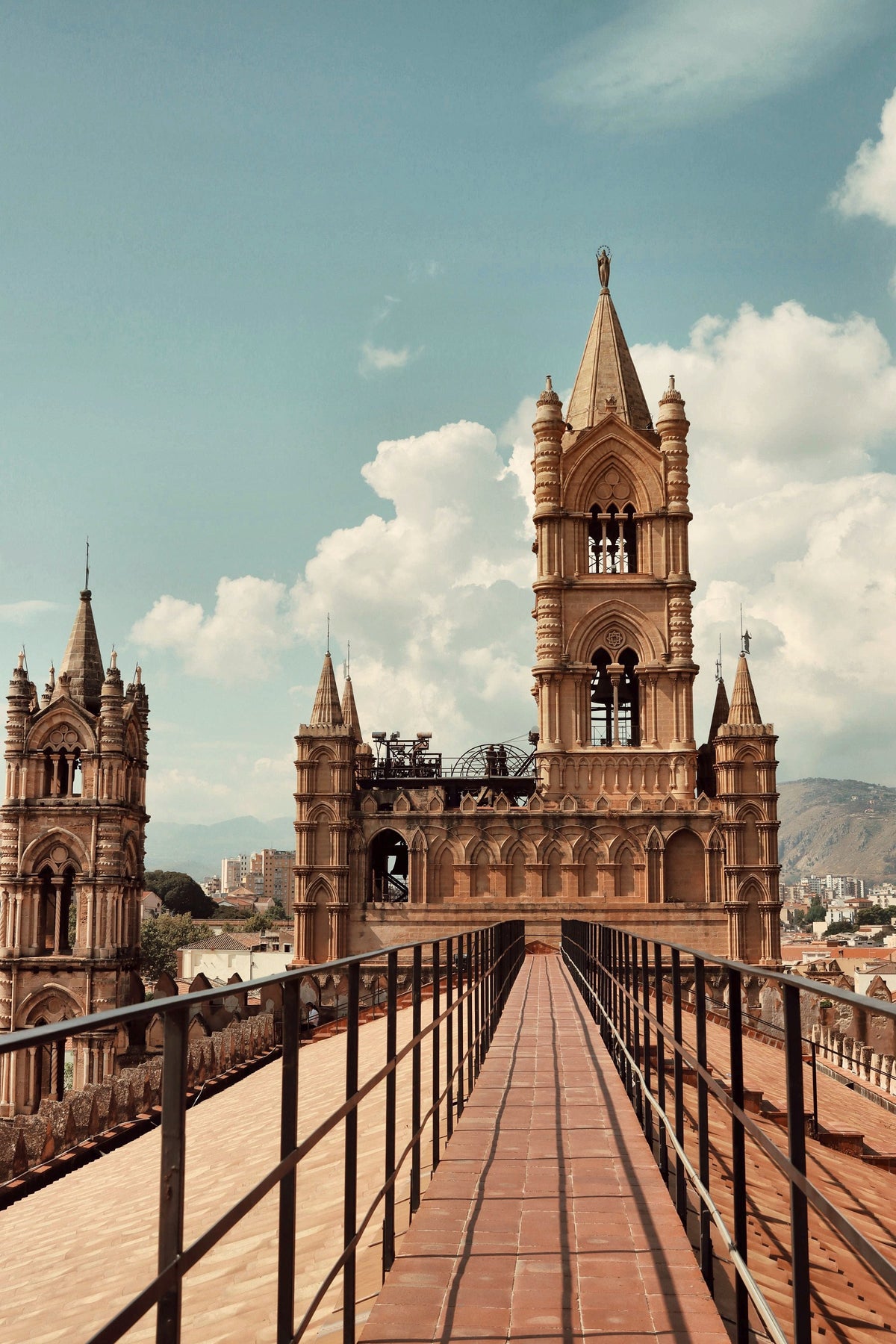 The walkway on the cathedral roof, leading towards its bell tower