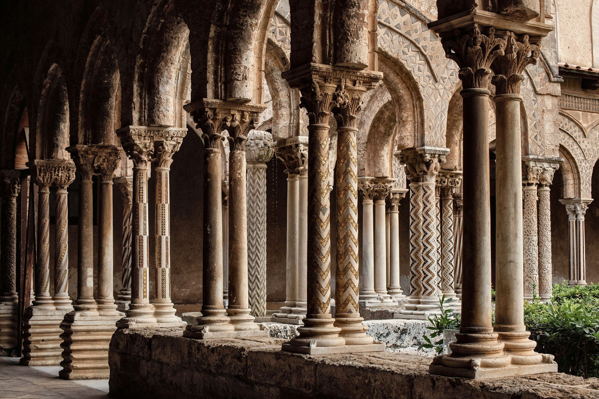 The mosaic columns of the cloister of Monreale Cathedral