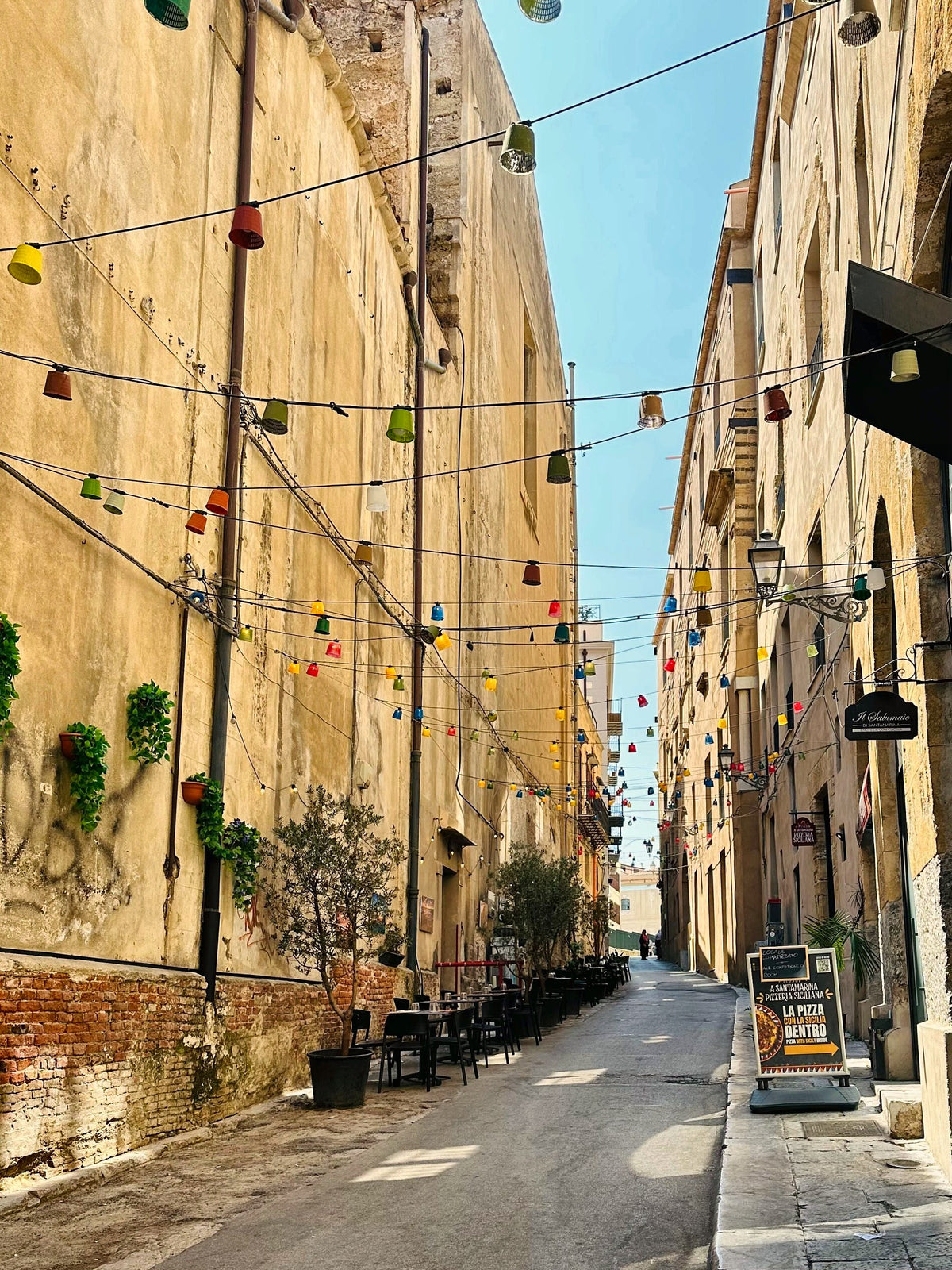Coloured lights strung across a sunlit street