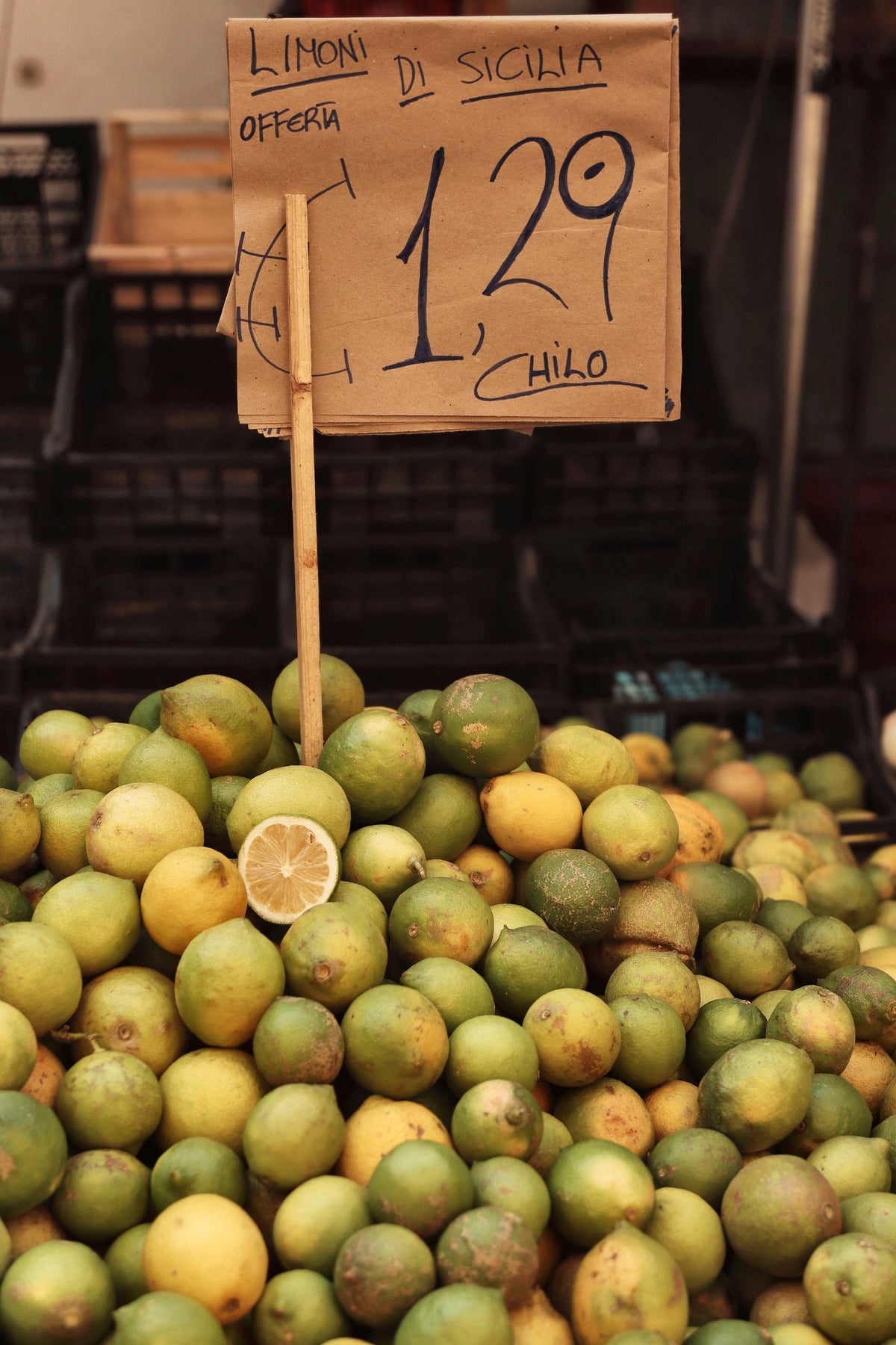 Sicilian lemons piled high at a Palermo market