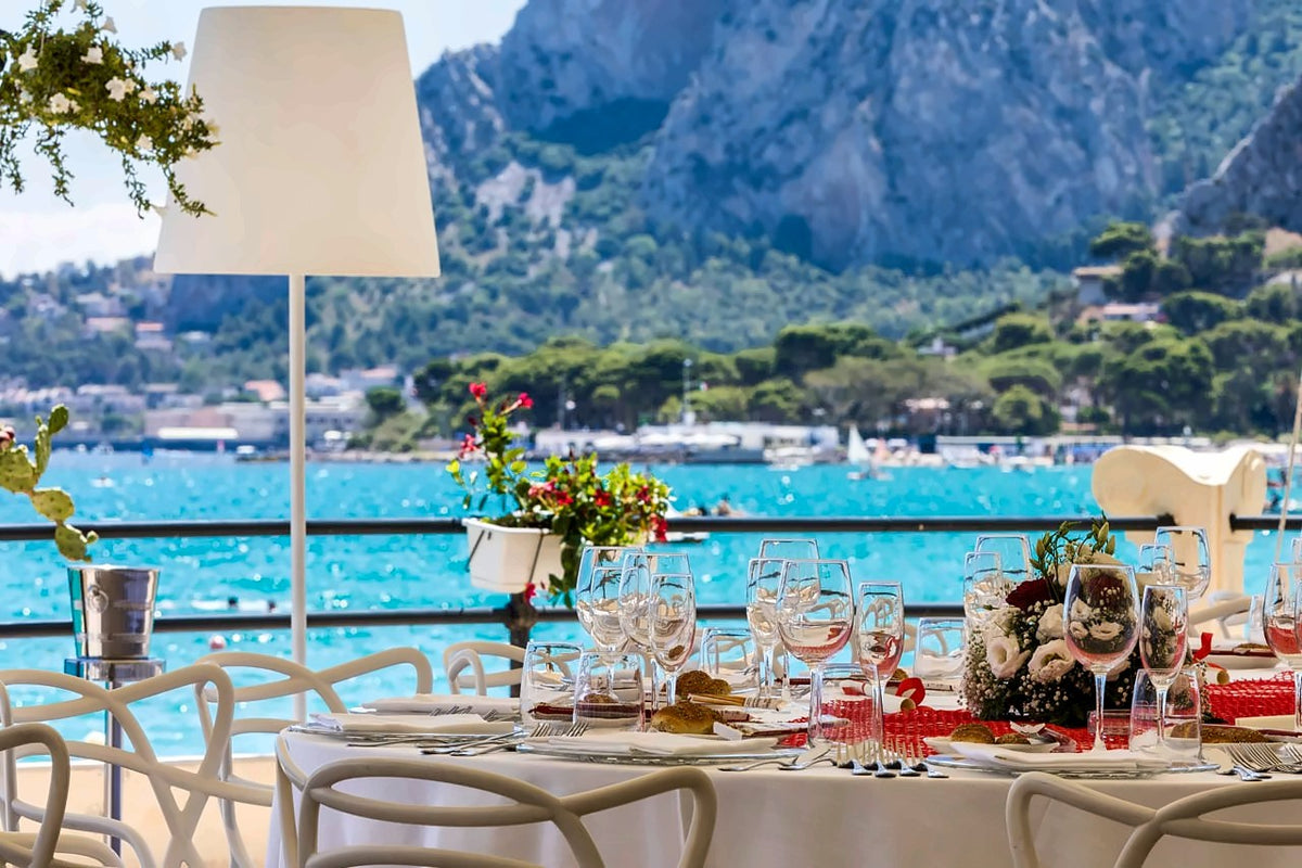 The terrace of Alle Terrazze looking across the turquoise bay