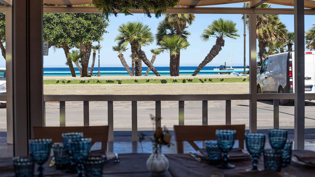 Palms and the sea beyond the veranda of Il Delfino
