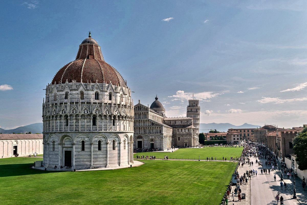 The Baptistery, the cathedral and the tower across the lawns of the Campo