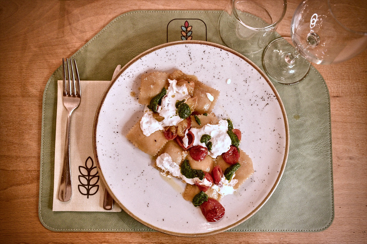 Ravioli with burrata and pesto at Grano Libero