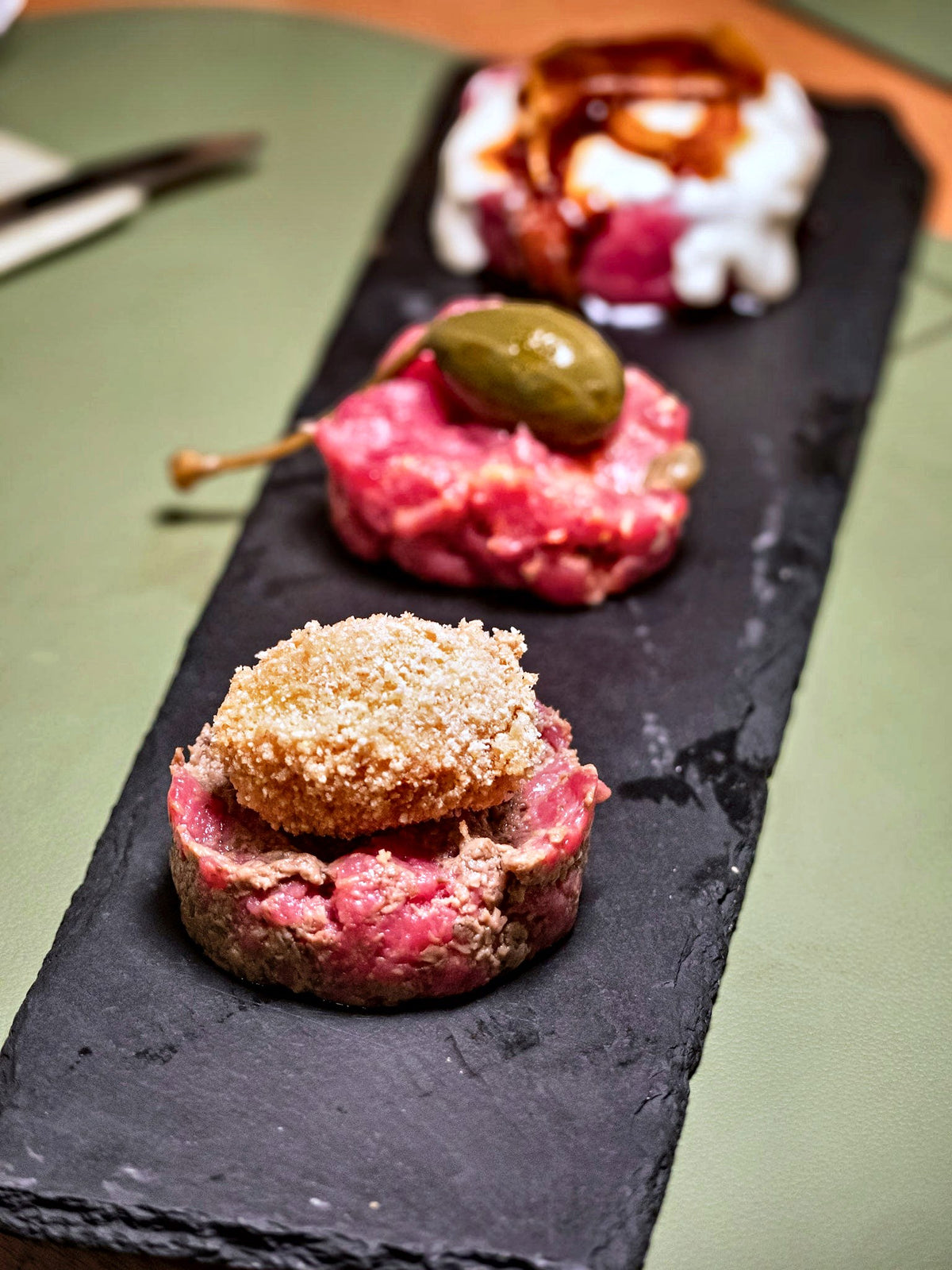 A trio of beef tartare at Grano Libero