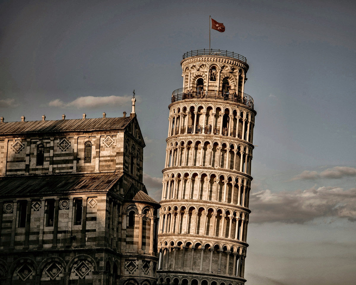 The leaning tower and the cathedral roof in soft evening light