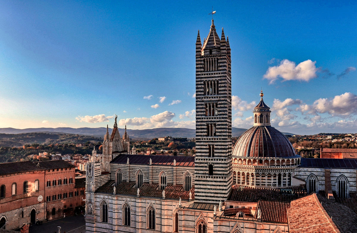 The Duomo and its striped bell tower from above