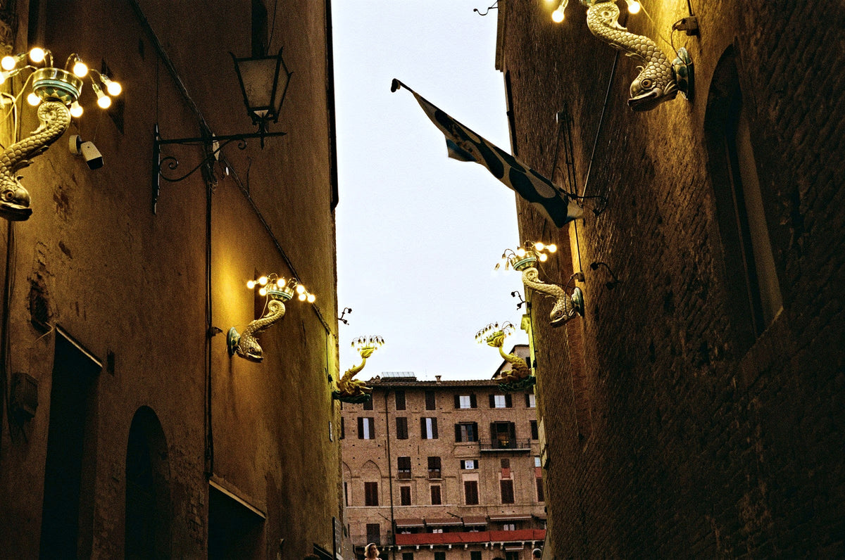 Golden dragon lamps glowing in a Siena lane