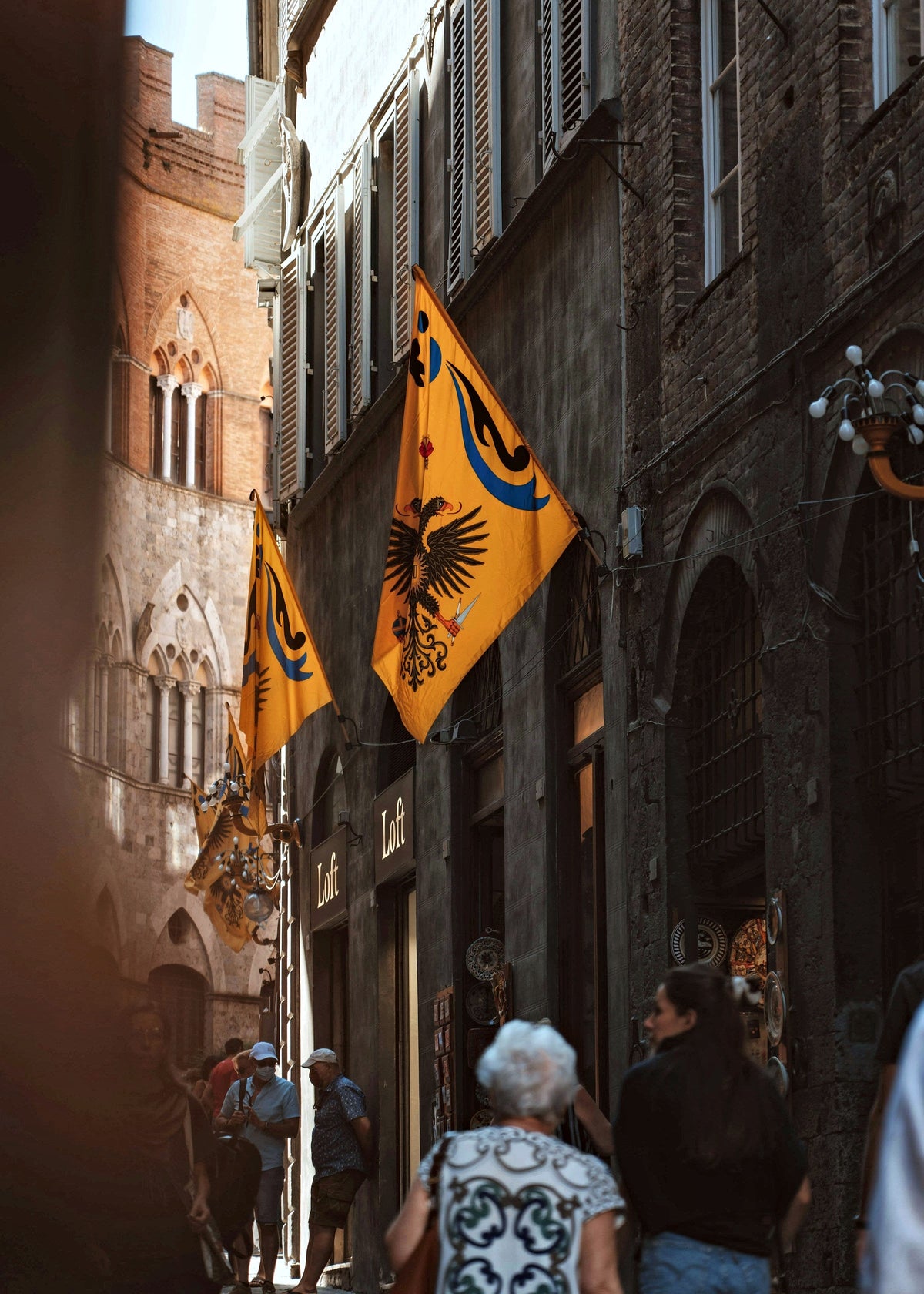 Contrada flags and passers-by before the Palio