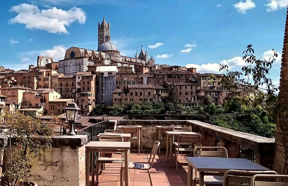 Breakfast terrace looking across the rooftops to the Duomo at Albergo Bernini