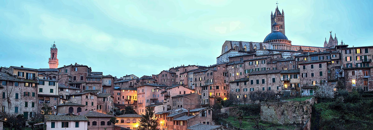 Siena Cathedral and the old town at dusk, seen from Hotel Alma Domus