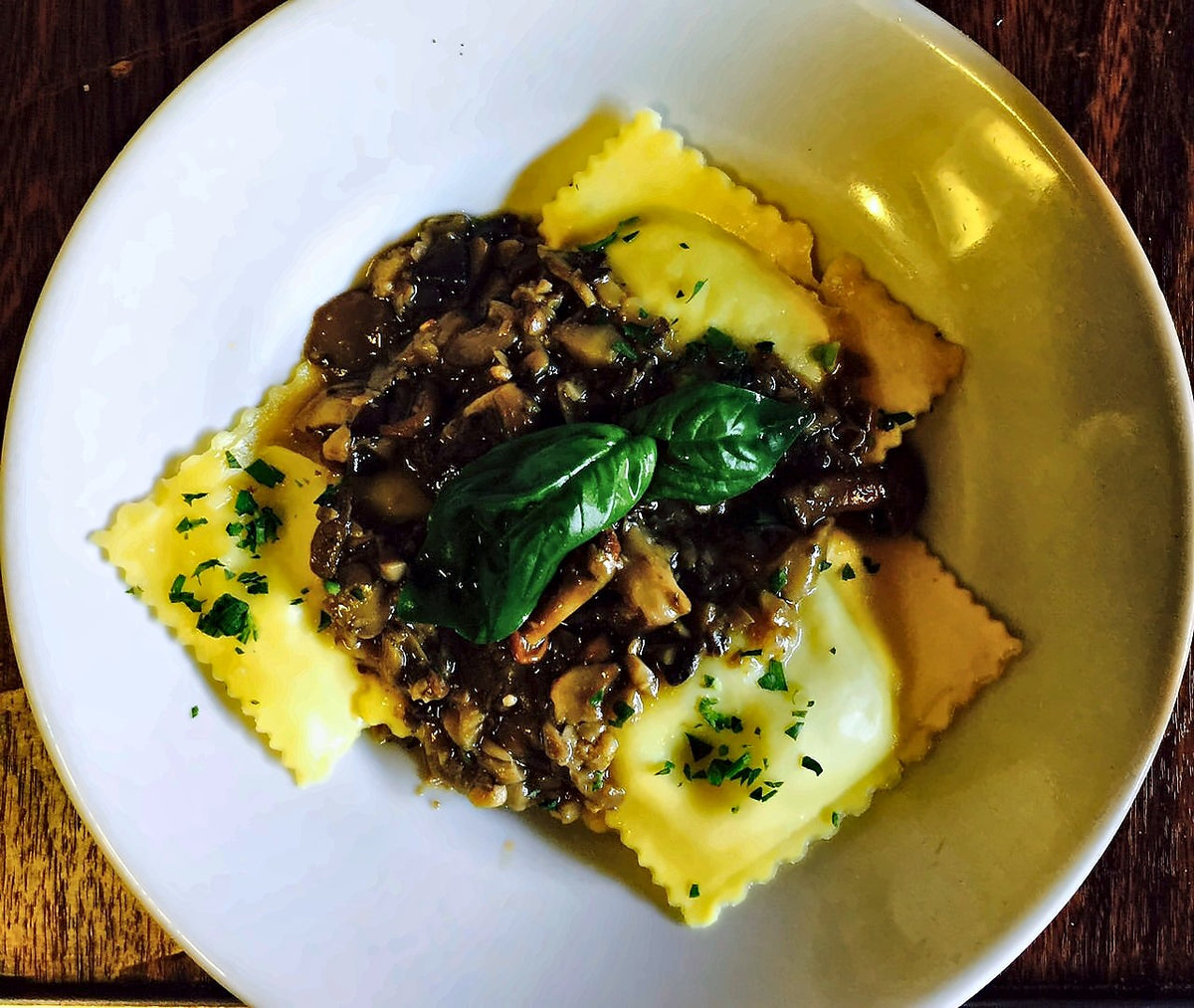 Ravioli with mushrooms and basil at Antica Trattoria Papei