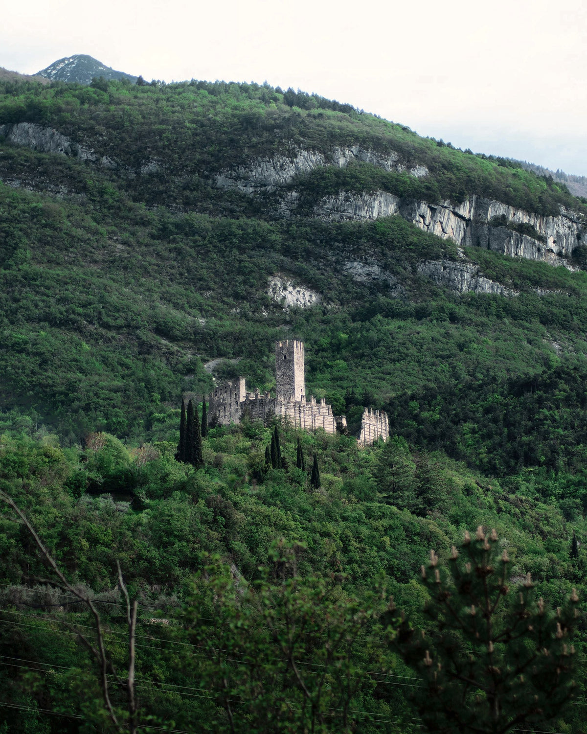 Castle of Drena on its wooded crag, a short drive from the city